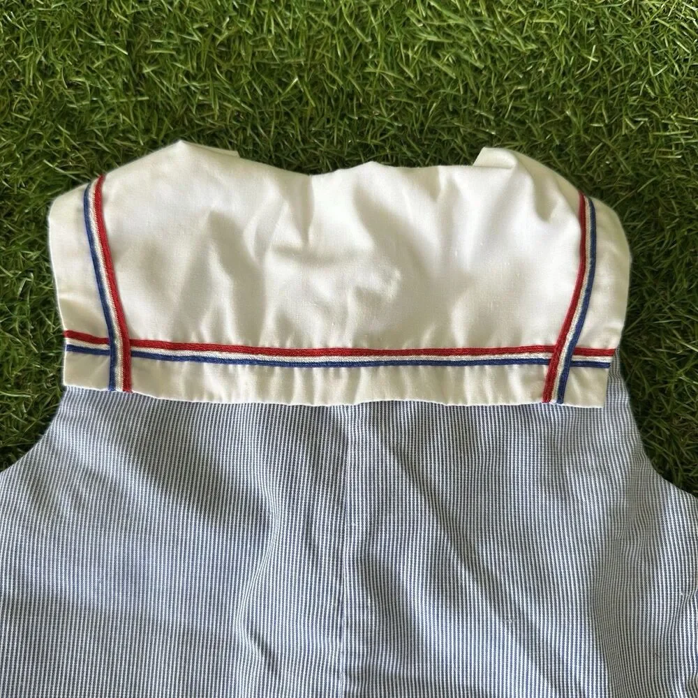 Vtg‎ 80s Sailor Romper Outfit Infant Size 6-9 Months Blue White Stripe Bear Boat